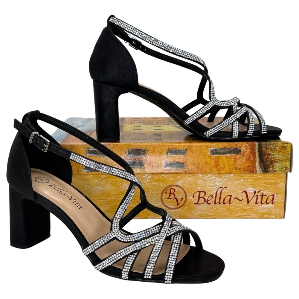 Bella Vita Aliette Black Rhinestone Laced Strappy Womens Heels Size 9M